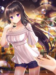 Rule 34 | 1girl, absurdres, amusement park, bad id, bad pixiv id, black hair, blue shorts, blurry, blurry background, blush, bubble, collarbone, dress, ecu8080, hand up, highres, huge filesize, jewelry, long hair, looking at viewer, night, night sky, original, purple eyes, railing, ring, short sleeves, shorts, sky, smile, solo focus, standing, very long hair, white dress