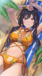 Rule 34 | 1girl, armpits, arms up, bare shoulders, black hair, blush, bracelet, breasts, cleavage, earrings, enporion, floral print, hair between eyes, highres, idolmaster, idolmaster shiny colors, jewelry, large breasts, long hair, looking at viewer, low twintails, lying, navel, on back, one-piece swimsuit, orange one-piece swimsuit, shirase sakuya, smile, solo, swimsuit, thighs, twintails, yellow eyes