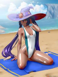 Rule 34 | 1girl, absurdres, arteslav, barefoot, beach, beach towel, black choker, blush, breasts, choker, cleavage, cliff, commentary, competition swimsuit, dark-skinned female, dark skin, english commentary, eyeliner, fingernails, full body, genshin impact, green eyes, hat, highres, long hair, looking afar, low-tied long hair, makeup, mona (genshin impact), ocean, one-piece swimsuit, petite, purple hair, purple hat, shadow, shiny skin, small breasts, solo, star (symbol), star choker, swimsuit, tan, thighs, towel, wizard hat