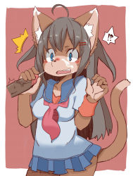 Rule 34 | 1girl, ahoge, animal ears, black hair, cum, facial, furry, husamochi coo, long hair, open mouth, original, penis, skirt, surprised, tail, wavy mouth, white border, wristband