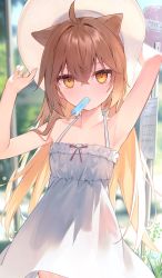 Rule 34 | 1girl, absurdres, ahoge, animal ears, armpits, bad id, bad twitter id, crossed bangs, dress, food, food in mouth, hat, highres, indie virtual youtuber, lion ears, lion girl, looking at viewer, popsicle, popsicle in mouth, rurudo lion, rurudo lion (1st costume), sleeveless, sleeveless dress, solo, sun hat, sundress, t6 ti, virtual youtuber, white dress