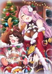 Rule 34 | 2girls, :d, absurdres, bare shoulders, bell, blush, boned meat, braid, breasts, brown hair, christmas, christmas lights, christmas tree, closed eyes, detached sleeves, draph, dress, fake antlers, fang, food, fur trim, gloves, granblue fantasy, hair ornament, hair over one eye, highres, horns, leotard, leotard under clothes, long hair, meat, mittens, multiple girls, narmaya (granblue fantasy), nixour, open mouth, pom pom (clothes), purple hair, santa dress, short hair, smile, very long hair, window, yaia (granblue fantasy)