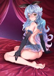 Rule 34 | 1girl, absurdres, animal ears, ass, backless leotard, backless outfit, bare back, bare shoulders, barefoot, black gloves, blue hair, blue skirt, blush, breasts, earrings, elbow gloves, erune, ferry (granblue fantasy), frilled gloves, frills, from behind, full-face blush, gloves, granblue fantasy, harigane shinshi, highres, hoop earrings, jewelry, leotard, long hair, looking at viewer, looking back, nipples, see-through, single earring, sitting, skirt, small breasts, smile, solo, wariza, wavy hair, yellow eyes