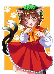 Rule 34 | 1girl, :d, absurdres, akai neko, animal ear fluff, animal ear piercing, animal ears, blush, border, bow, bowtie, brown eyes, brown hair, cat ears, cat tail, chen, commentary request, commission, drop shadow, earrings, fingernails, frills, gold trim, green hat, hands up, hat, highres, jewelry, long sleeves, mob cap, multiple tails, nekomata, open mouth, orange background, orange bow, orange bowtie, outline, outside border, paw pose, paw print, paw print background, petticoat, puffy long sleeves, puffy sleeves, red skirt, red vest, short hair, single earring, skeb commission, skirt, skirt set, smile, solo, tail, teeth, touhou, two tails, upper teeth only, vest, white border, white outline
