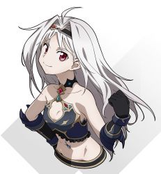 Rule 34 | 1girl, ahoge, alternate eye color, alternate hair color, armor, bare shoulders, black armor, black gloves, black hairband, breastplate, breasts, cleavage, clenched hand, closed mouth, collarbone, commentary request, cropped torso, gauntlets, gloves, groin, hairband, hand on own hip, highres, keng, long hair, looking at viewer, navel, red eyes, sidelocks, simple background, small breasts, smile, solo, stomach, stomach tattoo, sword art online, sword art online: memory defrag, tattoo, white background, white hair, yuuki (sao)
