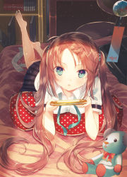 Rule 34 | 1girl, ahoge, aqua eyes, barefoot, bed, book, bookshelf, brown hair, collarbone, dress shirt, full body, hair ornament, hairclip, handheld game console, indoors, io enishi, long hair, lying, necktie, on stomach, open mouth, original, pillow, playing games, playstation portable, pleated skirt, polka dot, shirt, skirt, solo, stuffed animal, stuffed toy, teddy bear, twintails, wind chime
