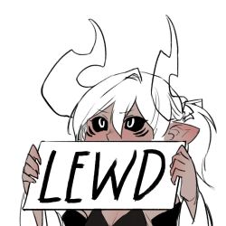 Rule 34 | 1girl, aiko (less), black sclera, breasts, cleavage, colored sclera, demon girl, demon horns, english text, holding, holding sign, horns, less, meme, original, pointy ears, portrait, short hair, sign, simple background, solo, transparent, white background