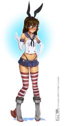 Rule 34 | 1girl, bare shoulders, black panties, blue eyes, blush, boots, breasts, brooke (mleth), brown hair, commentary, cosplay, elbow gloves, full body, gloves, hairband, hand on own hip, high heel boots, high heels, highleg, highleg panties, highres, kantai collection, long hair, long legs, microskirt, middle finger, mleth, navel, original, panties, red thighhighs, sailor collar, shimakaze (kancolle), shimakaze (kancolle) (cosplay), skirt, small breasts, solo, standing, striped clothes, striped thighhighs, sweatdrop, thighhighs, underwear, white gloves