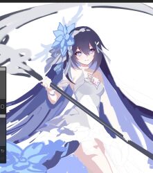 Rule 34 | 1girl, ashi (dongshi389), blue dress, blue eyes, blue flower, blue hair, closed mouth, colored inner hair, cowboy shot, detached sleeves, dress, flower, hair flower, hair ornament, highres, holding, holding scythe, honkai (series), honkai impact 3rd, long hair, looking at viewer, multicolored hair, scythe, seele vollerei, seele vollerei (herrscher of rebirth), simple background, smile, solo, unfinished, very long hair, white background, white dress