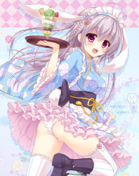 Rule 34 | 1girl, :d, ameto yuki, animal ears, ass, japanese clothes, kimono, long hair, maid, open mouth, original, panties, parfait, rabbit ears, rabbit tail, red eyes, silver hair, smile, solo, striped clothes, striped thighhighs, tail, thighhighs, tray, underwear, vertical-striped clothes, vertical-striped thighhighs, wa maid