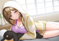Rule 34 | 1girl, absurdres, bare legs, blush, breasts, brown hair, camellia 90, cleavage, collarbone, dachshund, highres, hood, hood up, hooded jacket, idolmaster, idolmaster shiny colors, jacket, kuwayama chiyuki, large breasts, light smile, looking at viewer, lying, multicolored clothes, multicolored jacket, on side, pink tank top, solo, tank top, thighs, two-tone jacket