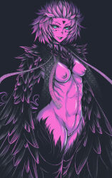 Rule 34 | 1girl, absurdres, bar censor, bird legs, black background, breasts, censored, cleft of venus, commentary, commentary request, english commentary, eyebrow cut, facial mark, feathered wings, feathers, forehead mark, green eyes, green lips, harpy, highres, looking at viewer, mixed-language commentary, monster girl, nipples, nude, original, parted lips, pink theme, pussy, short hair, simple background, small breasts, solo, spiked hair, spoken wolv, spot color, winged arms, wings