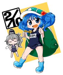 Rule 34 | 2girls, alternate costume, backpack, bag, blue eyes, blue hair, byourou, dated, closed eyes, hair bobbles, hair ornament, hands on own hips, hat, kawashiro nitori, key, mononobe no futo, multiple girls, ponytail, short hair, silver hair, smile, swimsuit, tate eboshi, touhou, twintails, two side up