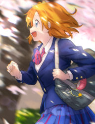 Rule 34 | 1girl, :d, bag, bag charm, blazer, blue eyes, blue jacket, blue skirt, bow, bowtie, charm (object), clenched hand, collared shirt, commentary request, from side, holding strap, jacket, kosaka honoka, long sleeves, love live!, love live! school idol project, open mouth, orange hair, otonokizaka school uniform, outdoors, pleated skirt, red bow, red bowtie, running, school bag, school uniform, shibasaki shouji, shirt, short hair, skirt, smile, solo, striped bow, striped bowtie, striped clothes, striped neckwear