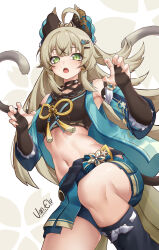 Rule 34 | 1girl, absurdres, ahoge, animal ears, armpits, bare shoulders, black shirt, black socks, blonde hair, breasts, bridal gauntlets, cat ears, cat girl, cat tail, claw pose, crop top, detached sleeves, genshin impact, green eyes, green jacket, green skirt, hair ornament, hairclip, hands up, highres, jacket, kirara (genshin impact), long hair, long sleeves, looking at viewer, midriff, miniskirt, multiple tails, navel, open clothes, open jacket, open mouth, pleated skirt, shirt, skirt, sleeveless, sleeveless jacket, sleeveless shirt, slit pupils, small breasts, socks, solo, stomach, tail, two tails, van.elv