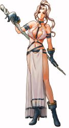 Rule 34 | 1girl, ankle boots, bare shoulders, between breasts, boots, breasts, choker, cleavage, cleavage cutout, clothing cutout, dress, earrings, full body, gensou suikoden, gensou suikoden iv, gloves, green eyes, high heel boots, high heels, highres, hoop earrings, jeane (suikoden), jewelry, kawano junko, large breasts, legs, loincloth, long hair, long legs, midriff, narrow waist, navel, no bra, official art, open mouth, pelvic curtain, ponytail, revealing clothes, see-through, shoes, silver hair, simple background, solo, staff, standing, strap, thighs, underboob, wavy hair, white dress