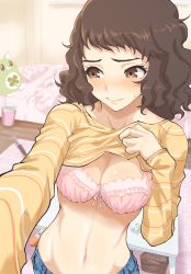 Rule 34 | 1girl, absurdres, bed, bedroom, blurry, blurry background, blush, bra, breasts, brown eyes, brown hair, cleavage, closed mouth, clothes lift, clover, collarbone, cowboy shot, curling iron, four-leaf clover, groin, highres, indoors, kawakami sadayo, kurosususu, lifting own clothes, lips, long sleeves, looking to the side, medium breasts, medium hair, navel, nose blush, outstretched arm, persona, persona 5, pink bra, selfie, solo, stomach, sweat, sweatdrop, sweater, sweater lift, trash can, underwear, upper body, yellow sweater