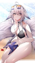 Rule 34 | 1girl, absurdres, ahoge, animal ears, azur lane, bare arms, bare shoulders, bikini, black choker, breasts, brown eyes, choker, commentary, crab, eyewear on head, feet out of frame, fox ears, fox mask, fox tail, grey hair, groin, hair between eyes, highres, holding, holding mask, large breasts, long braid, long hair, looking at viewer, mask, multiple tails, samip, solo, stomach, sunglasses, swimsuit, tail, thighs, tosa (azur lane), tosa (hometown zest) (azur lane), two-tone bikini, very long hair