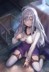 Rule 34 | 1girl, 86 -eightysix-, blue footwear, blue skirt, boots, breasts, choker, collarbone, eyebrows hidden by hair, grey eyes, hair between eyes, hand on own chest, high-waist skirt, highres, ito t20a, kneeling, long hair, medium breasts, parted lips, silver hair, skirt, solo, thighhighs, vladilena millize, wooden chair