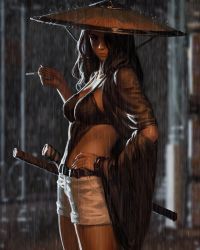 Rule 34 | 1girl, absurdres, ajirogasa, bare legs, belt, black bra, black hair, black shawl, blurry, blurry background, bra, bracelet, breasts, cigarette, closed mouth, commentary, cowboy shot, english commentary, guweiz, hair over one eye, hand on own hip, hat, highres, holding, holding cigarette, jewelry, katana, lips, long hair, medium breasts, midriff, original, outdoors, rain, scabbard, shawl, sheath, sheathed, short shorts, shorts, solo, sword, thighs, underwear, weapon, white shorts