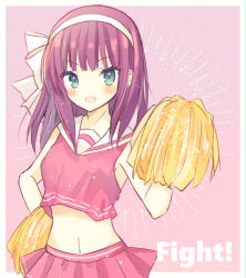 Rule 34 | 1girl, :d, aiyan, angel beats!, blunt bangs, blush, bow, cheerleader, commentary request, cowboy shot, cropped shirt, emphasis lines, english text, eyelashes, eyes visible through hair, green eyes, hair bow, hairband, hand on own hip, hand up, highres, holding, holding pom poms, looking at viewer, medium hair, miniskirt, nakamura yuri, navel, open mouth, pink shirt, pink skirt, pleated skirt, pom pom (cheerleading), pom poms, purple hair, sailor collar, shirt, skirt, sleeveless, sleeveless shirt, smile, solo, standing, star (symbol), stomach, straight hair, white bow, white hairband, white sailor collar