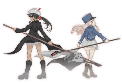 Rule 34 | arms behind back, bad id, bad pixiv id, bc freedom (emblem), bc freedom military uniform, black coat, black eyes, black footwear, black hair, blonde hair, blue hat, blue jacket, boots, bow, closed mouth, coat, commentary, dark-skinned female, dark skin, dixie cup hat, drill hair, emblem, fading, flag, from behind, girls und panzer, green eyes, hair bow, hat, hat feather, holding, holding flag, jacket, knee boots, kneepits, kumasawa (dkdkr), long hair, long sleeves, looking at viewer, looking back, marie (girls und panzer), military, military hat, military uniform, miniskirt, mouth hold, ogin (girls und panzer), ooarai naval school uniform, pleated skirt, red bow, sailor, school uniform, shako cap, simple background, skirt, skull and crossbones, smirk, smoking pipe, standing, uniform, white background, white hat, white skirt