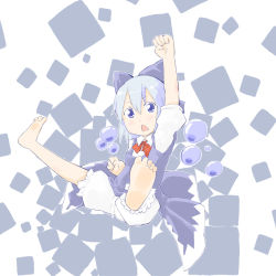 Rule 34 | 1girl, arm up, barefoot, bloomers, blue eyes, blue hair, bow, bubble, child, cirno, clenched hands, feet, hair bow, jumping, matching hair/eyes, raised fist, short hair, solo, spread legs, touhou, underwear