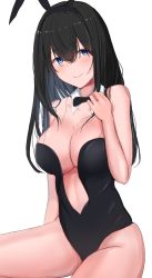 Rule 34 | 1girl, black hair, black leotard, blush, breasts, cleavage, detached sleeves, highres, idolmaster, idolmaster cinderella girls, large breasts, leotard, long hair, looking at viewer, midriff, playboy bunny, plunging neckline, rufei bot, sagisawa fumika, simple background, smile, solo, straight hair, white background