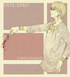 Rule 34 | 1boy, alcohol, blonde hair, bracelet, character name, copyright name, cup, drinking glass, english text, engrish text, fate/zero, fate (series), gilgamesh (fate), jewelry, male focus, mmm (xbit), necklace, official alternate costume, ranguage, red eyes, solo, spill, wine, wine glass