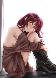 1girl, absurdres, bare shoulders, black footwear, boots, breasts, brown shirt, commentary request, highres, long hair, looking at viewer, looking to the side, loose clothes, loose shirt, love live!, love live! sunshine!!, red hair, rushsoldier, sakurauchi riko, shirt, sideboob, sitting, smile, solo, yellow eyes