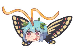 Rule 34 | 1girl, antennae, aqua hair, butterfly wings, eternity larva, evil smile, fairy, hair between eyes, insect wings, leaf, leaf on head, nyong nyong, open mouth, orange eyes, short hair, simple background, smile, solo, touhou, v-shaped eyebrows, white background, wings, yukkuri shiteitte ne
