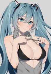 Rule 34 | 1girl, aqua eyes, aqua hair, aqua nails, bare arms, bare shoulders, blush, breasts, closed mouth, collared shirt, commentary request, embarrassed, fingernails, grey background, grey shirt, hair between eyes, hair ornament, hands up, hatsune miku, highres, ikura (user uuyj7743), index fingers together, large breasts, long hair, looking at viewer, nail polish, open clothes, open shirt, shirt, simple background, sleeveless, sleeveless shirt, solo, twintails, upper body, very long hair, vocaloid