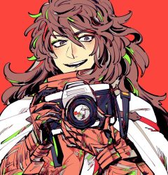 Rule 34 | 1boy, armor, bad id, bad twitter id, brown hair, camera, cape, fate/grand order, fate (series), looking at viewer, male focus, oimo (red 15610), open mouth, red background, georgios (fate), simple background, smile, solo, upper body