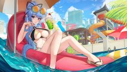 Rule 34 | 1girl, absurdres, bare arms, bare legs, bare shoulders, beach umbrella, bikini, black bikini, black choker, blue eyes, blue hair, breasts, choker, cleavage, commission, criss-cross halter, day, eyewear on head, hair ribbon, halterneck, high ponytail, highres, holding, inflatable raft, josal, knees up, large breasts, long hair, looking at viewer, lying, multi-strapped bikini, o-ring, o-ring bikini, o-ring top, on back, original, outdoors, pointy ears, ponytail, reclining, ribbon, round eyewear, slippers, smile, solo, string bikini, sunglasses, swimsuit, thighs, tropical drink, umbrella, very long hair, water, water slide, wet