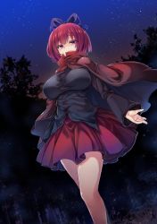 Rule 34 | black shirt, blouse, breasts, from below, highres, large breasts, long sleeves, looking at viewer, outdoors, red hair, sekibanki, shirt, short hair, sky, solo, star (sky), starry sky, thighs, touhou, tousen