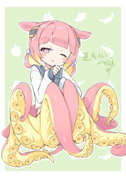 Rule 34 | 1girl, arms up, artist logo, artist name, bag, blonde hair, blush, colored skin, commentary, covering privates, crab, cup, embarrassed, flat chest, green background, hair ornament, hairpin, handbag, hat, holding, holding cup, looking at viewer, monster girl, murabatodenki, octopus, on ground, one eye closed, original, parted lips, pink eyes, pink hair, pink skin, scrunchie, scylla, shrimp, simple background, sitting, solo, suction cups, symbol-only commentary, tentacle hair, tentacles, webbing, yellow skin