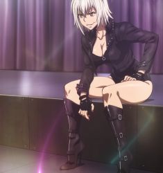 Rule 34 | &gt;:), 1girl, belt boots, boots, breasts, brown eyes, cleavage, curvy, gloves, high heel boots, high heels, highres, jacket, killing bites, leather, leather boots, leather jacket, long sleeves, shiny clothes, short hair, silver hair, sitting, smirk, stiletto boots, stitched, third-party edit, uzaki hitomi