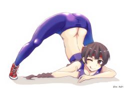 Rule 34 | 1girl, ass, ass focus, braid, brown eyes, brown hair, butt crack, headband, jack-o&#039; challenge, one eye closed, smile, solo, sports bra, the king of fighters, thumbs up, tongue, tongue out, yuri sakazaki