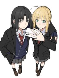 2girls artoria_pendragon_(fate) black_eyes black_hair black_socks blonde_hair blue_shirt blush brown_footwear cellphone egomeshi fate_(series) full_body green_eyes hair_bun hand_in_pocket headphones highres kara_no_kyoukai long_sleeves multiple_girls necktie object_in_pocket phone pocket red_necktie ryougi_shiki saber_(fate) school_uniform shirt short_hair simple_background socks white_background white_shirt