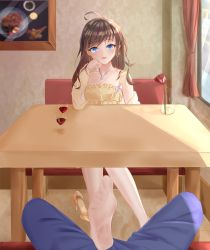 Rule 34 | 1girl, blue eyes, blush, breasts, brown hair, bulge, cleavage, cup, drinking glass, erection, erection under clothes, feet, flower, foot on crotch, highres, jewelry, long hair, looking at viewer, necklace, open mouth, pov, restaurant, see-through, see-through legwear, shoes, unworn shoes, soles, table, toes, torn clothes, torn legwear, wine glass
