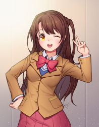Rule 34 | 10s, 1girl, absurdres, bad id, bad pixiv id, blush, bow, bowtie, brown hair, dduck kong, hand on own hip, highres, idolmaster, idolmaster cinderella girls, long hair, looking at viewer, one eye closed, open mouth, red bow, red bowtie, red skirt, shimamura uzuki, skirt, smile, solo, sweater vest, teeth, v, yellow eyes