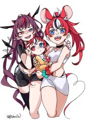 Rule 34 | 3girls, absurdres, animal ears, baby, bare legs, bare shoulders, bidortw, blouse, choker, couple, crystal, demon girl, demon horns, detached wings, hair between eyes, hakos baelz, heterochromia, highres, hololive, hololive english, horns, if they mated, irys (hololive), jewelry, long hair, looking at viewer, mini wings, miniskirt, mother and daughter, mouse ears, mouse girl, mouse tail, multicolored hair, multiple girls, multiple horns, nail polish, navel, open mouth, ornate ring, ponytail, ring, sharp teeth, shirt, shorts, signature, simple background, single thighhigh, skirt, tail, teeth, thighhighs, thighs, very long hair, virtual youtuber, white background, wife and wife, wings, yuri