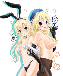 Rule 34 | 10s, 2girls, anchor, anchor hair ornament, atago (kancolle), black gloves, black panties, blonde hair, blue hat, blush, breast envy, breasts, brown legwear, covering breasts, covering privates, elbow gloves, gloves, green eyes, hair censor, hair ornament, hairband, hat, heart, highleg, highleg panties, kantai collection, large breasts, long hair, looking at viewer, multiple girls, navel, panties, panties under pantyhose, pantyhose, personification, shimakaze (kancolle), small breasts, smile, spoken heart, takeshita kenjirou, topless, underwear, white gloves, white panties