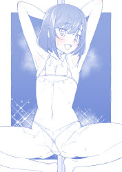 Rule 34 | 1girl, armpits, arms behind head, arms up, barefoot, belly chain, bikini, blue theme, blush, bob cut, breasts, commentary, cowboy shot, crotch seam, delicious party precure, flat chest, fuwa kokone, highres, jewelry, micro bikini, miyagoe yoshitsuki, monochrome, navel, neck ring, o-ring, o-ring bikini, open mouth, outside border, pole, pole dancing, precure, short hair, small breasts, smile, solo, sparkle, spot color, spread legs, squatting, steam, stripper pole, sweat, swimsuit, thigh gap