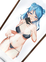 Rule 34 | 10s, 1girl, absurdres, bare arms, bare legs, bare shoulders, bikini, black bikini, blue eyes, blue hair, blush, breasts, camera phone, cellphone, cleavage, collarbone, cowboy hat, cowboy shot, double bun, dymao, hair bun, halterneck, hat, highres, holding, holding phone, kantai collection, large breasts, legs together, long hair, looking at viewer, mirror, navel, o-ring, o-ring bikini, o-ring top, open mouth, phone, reflection, selfie, shiny skin, short hair, side-tie bikini bottom, smartphone, smile, solo, standing, stomach, string bikini, swimsuit, taking picture, thigh gap, untied bikini, urakaze (kancolle)