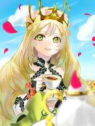 Rule 34 | 1girl, blonde hair, butterfly hair ornament, celine (fire emblem), cross-laced clothes, cross-laced dress, crown, cup, dress, enndoumame0125, falling petals, fire emblem, fire emblem engage, green eyes, hair ornament, holding, holding cup, nintendo, open mouth, orange gemstone, orange wristband, petals, princess, solo, teacup, upper body, wrist bow, yellow dress