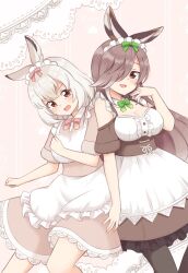 Rule 34 | 2girls, alternate costume, animal ears, apron, bare shoulders, bow, brown dress, brown eyes, brown fur, brown hair, collared dress, commentary request, detached collar, dress, enmaided, european hare (kemono friends), frilled apron, frilled dress, frilled sleeves, frills, fur trim, green bow, hair bow, hair over one eye, highres, kemono friends, long hair, maid, maid apron, maid headdress, mountain hare (kemono friends), multicolored hair, multiple girls, pink bow, rabbit ears, rabbit girl, rabbit tail, shiraha maru, short hair, short sleeves, tail, white apron, white hair