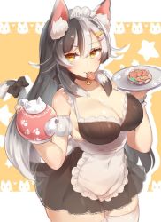Rule 34 | 1girl, animal ears, apron, bad id, bad twitter id, bare shoulders, bell, bikini, black bikini, black hair, blush, breasts, brown eyes, cat ears, cat tail, character request, choker, cleavage, covered navel, curvy, food, gradient hair, hair ornament, hairclip, large breasts, long hair, looking at viewer, multicolored hair, neck bell, pokoten (pokoten718), ribbon, see-through, silver hair, skirt, smile, solo, swimsuit, tail, tail ornament, tail ribbon, teapot, thick thighs, thighhighs, thighs, tray, white thighhighs, wide hips, zettai ryouiki