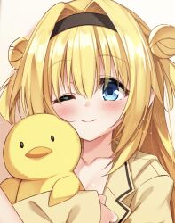 Rule 34 | 1girl, ;), black hairband, blonde hair, blue eyes, blush, chitose sana, closed mouth, collarbone, commentary request, double bun, east01 06, eyes visible through hair, hair between eyes, hair bun, hair intakes, hairband, happy, highres, holding, holding toy, long hair, long sleeves, looking at viewer, one eye closed, rubber duck, shirt, simple background, sleeves past wrists, smile, solo, tareme, tenshinranman, toy, two side up, upper body, white background, yellow shirt