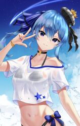 Rule 34 | 1girl, beret, bikini, bikini under clothes, black choker, blue eyes, blue hair, blue nails, breasts, choker, cloud, crown, gold bracelet, hair ribbon, hand up, hat, hololive, hoshimachi suisei, looking at viewer, mini crown, navel, outdoors, parted lips, plaid, ribbon, see-through, see-through shirt, shirt, shooting star, single bare shoulder, sky, small breasts, solo, star (sky), star (symbol), star in eye, starry sky, stomach, swimsuit, symbol in eye, telu (teluscarlet), upper body, virtual youtuber, w, water, water drop, wet, wet clothes, wet shirt, white shirt